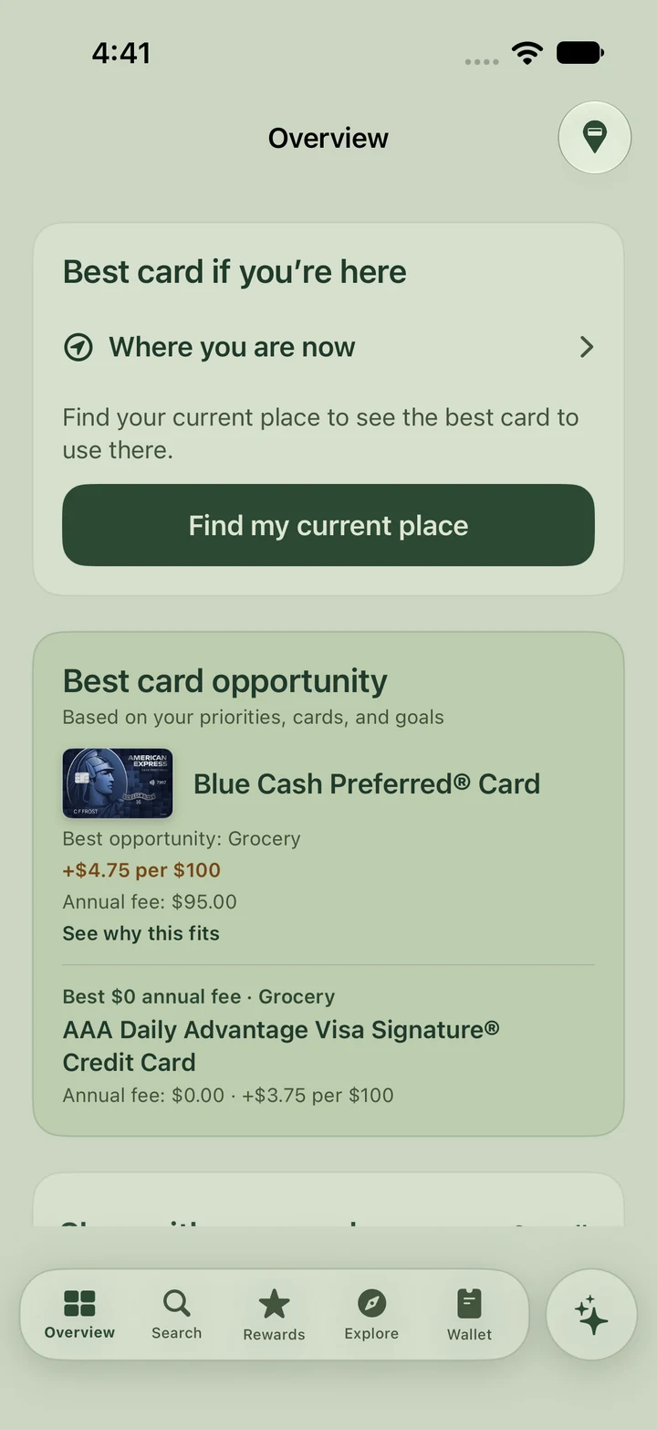 Points Points! Overview in the sage light theme showing nearby-card guidance and the best card opportunity